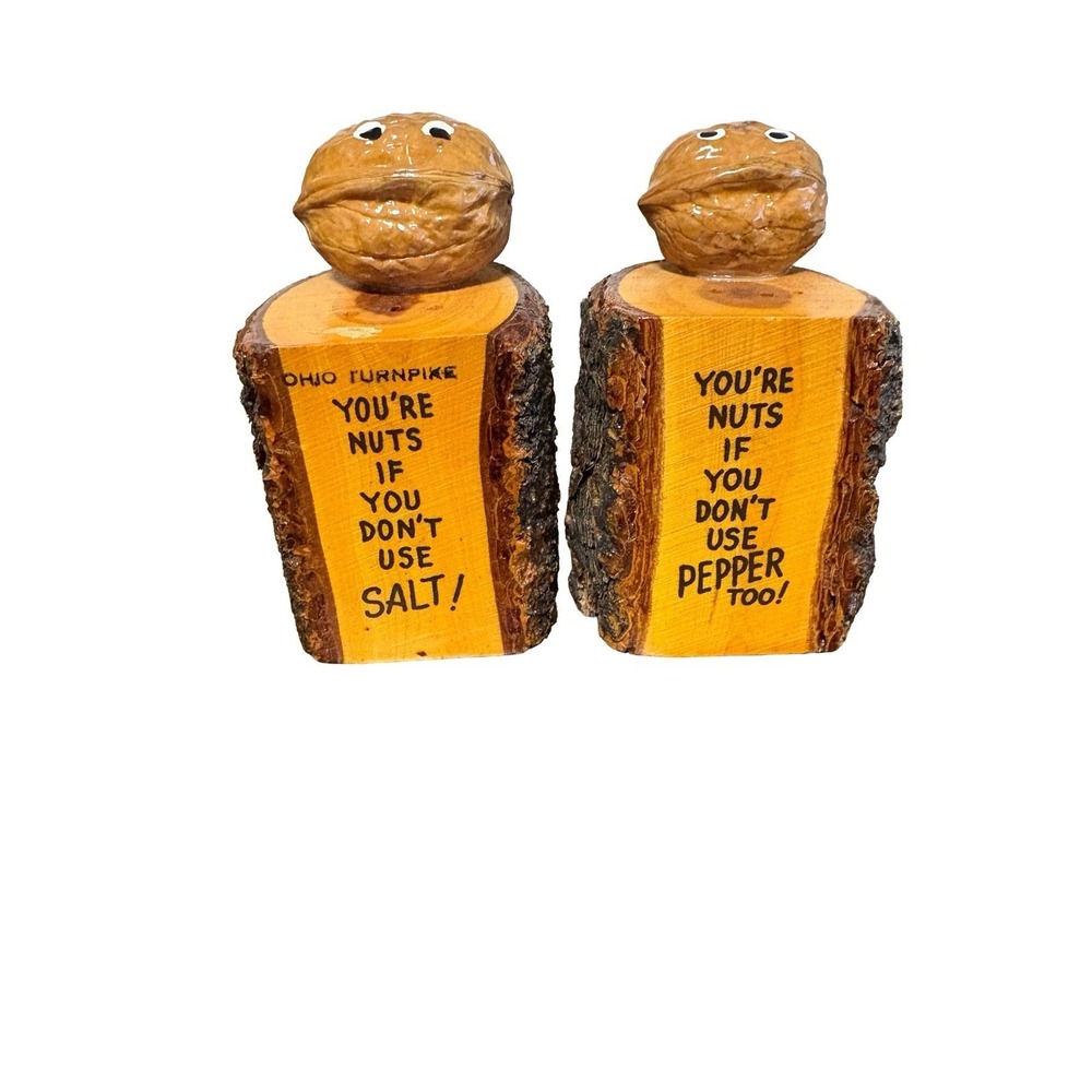 Vintage You're Nuts Wooden Salt & Pepper Shakers Real Acorn Bark Edge Cedar‎ MCM